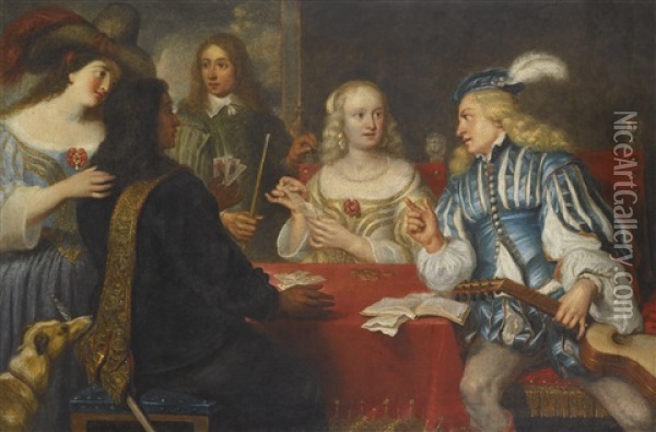An Elegant Company Playing A Game Of Cards Oil Painting - Jan Cossiers