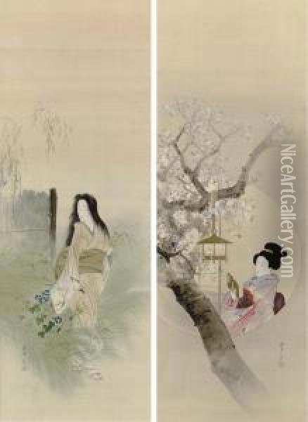 Beauties In Spring And Autumn Oil Painting - Seiti Shotei Watanabe