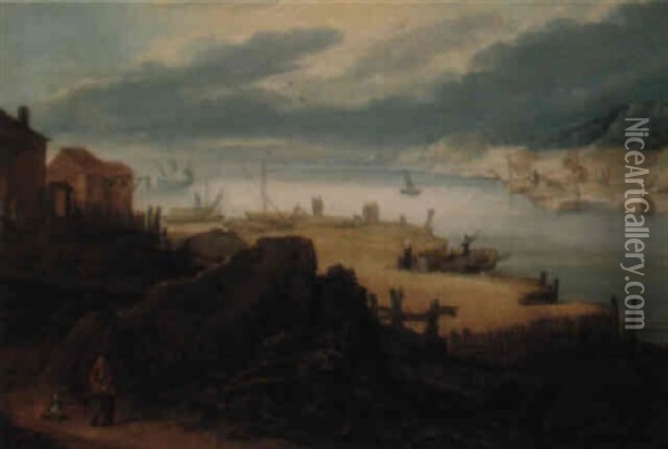 River Landscape With Moored Boats And Figures Oil Painting - Paul Bril