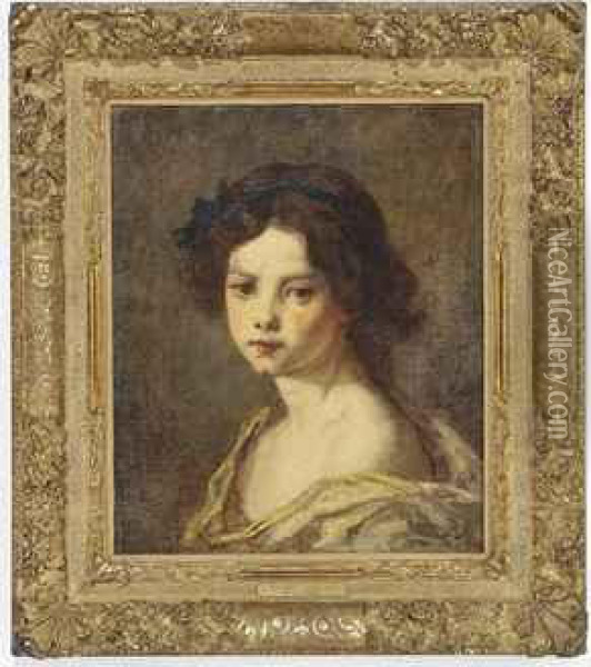 Portrait Of A Girl, Head And Shoulders, Ribbon In Her Hair With Ayellow Warp Around Her Shoulders Oil Painting - Thomas Couture