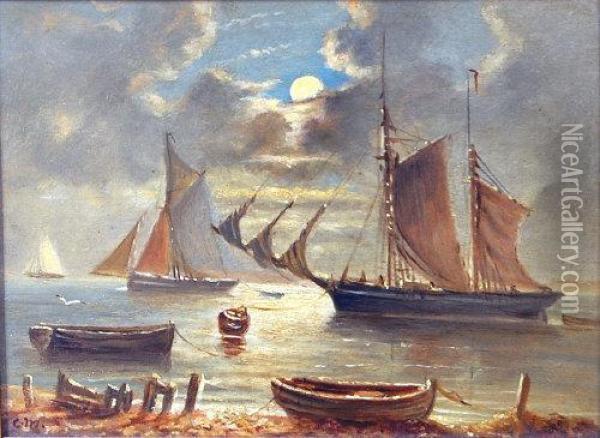 Sailing Boats And Rowing Boats Under Moonlight Oil Painting - Christopher Mark Maskell