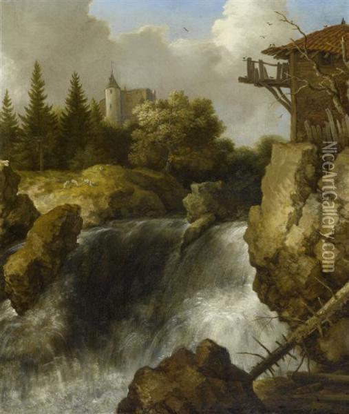 Mountain Landscape With A Waterfall. Oil Painting - Allart Van Everdingen