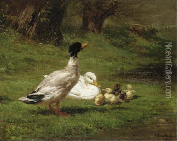 Ducks And Ducklings On A Riverbank Oil Painting - Juliette Peyrol Bonheur