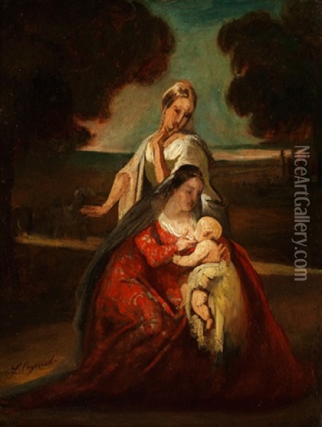 Mutter Mit Kind An Der Brust Mit Dahinter Stehender Weiblicher Figur Oil Painting - Leon Cogniet