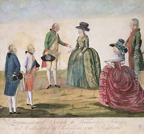 Meeting between Joseph II of Germany 1741-90 and Empress Catherine the Great 1729-96 at Koidak 18th May 1787 Oil Painting - Johann Hieronymus Loeschenkohl