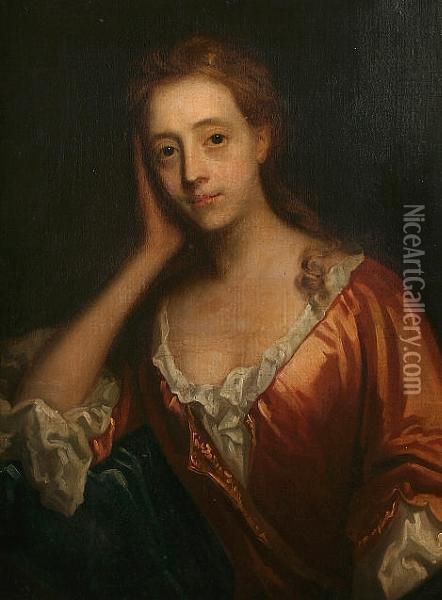 Portrait Of A Lady, Half Length,
 Believed To Be Lady Verney, Wearing A Russet Silk Dress And Leaning On 
Her Right Elbow Oil Painting - Michael Dahl