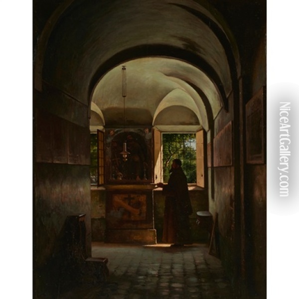 Monk In An Interior Oil Painting - Guido Carmignani