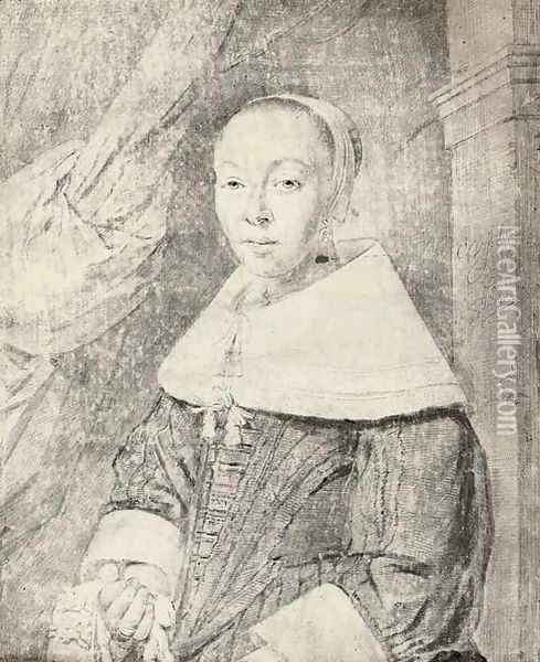 Portrait of a young lady, half-length, wearing a bonnet and a lace collar Oil Painting - Cornelius de Visscher