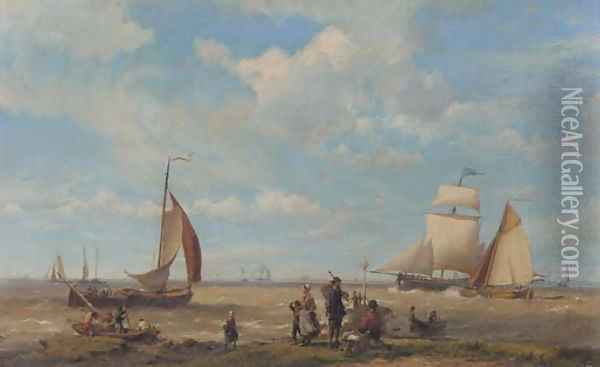 Shipping in a breeze with figures in the foreground Oil Painting - Hermanus Koekkoek