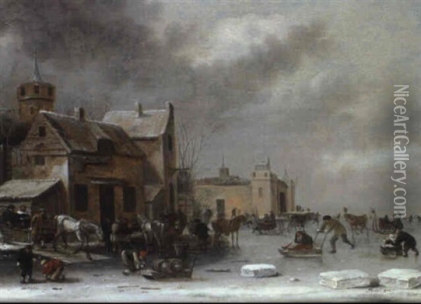 Patineurs Pres D'un Village Oil Painting - Thomas Heeremans