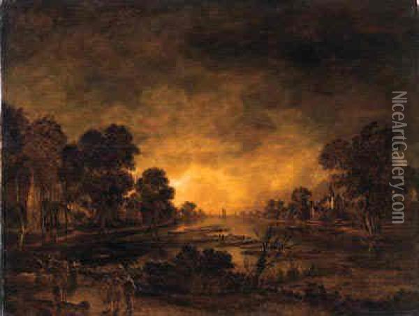 A Moonlit Riverlandscape With A 
Driver And Cattle On A Track, Acastle And A Village Beyond Oil Painting - Aert van der Neer
