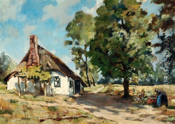 Woman Near A Farm On A Country Road Oil Painting - Jan van Vuuren