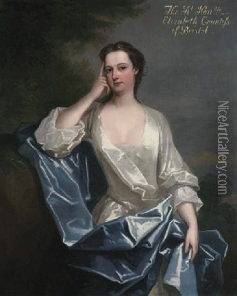 Portrait Of A Lady (elizabeth Felton, Of Playford, Later Countess Of Bristol?), Seated In A White Dress With A Blue Wrap Oil Painting - Charles Jervas