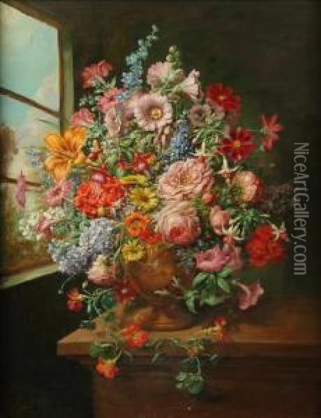Still Life Of Summer Flowers In An Urn On A Ledge Oil Painting - Samuel Williamson