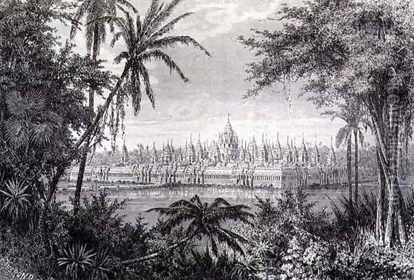 Angkor Thom showing the restoration of the Monument with Fifty Four Towers or Baion, engraved by J. Gauchard, book illustration from A Journey of Exploration in Indo-China, pub. c.1873 Oil Painting - Therond, Emile Theodore