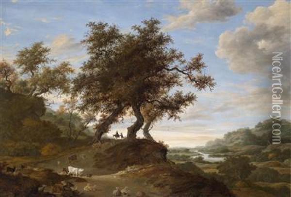 A Vast Landscape With Shepherds Oil Painting - Jacob Salomonsz. Ruysdael