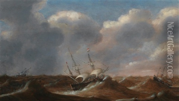 Ships In A Turbulent Sea Oil Painting - Claes Claesz Wou