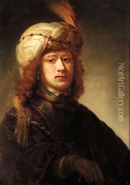 A Portrait Of A Man, Bust Length, Wearing A Turban And A Chain Of Office Over A Brown Cloak Oil Painting - David de Koninck