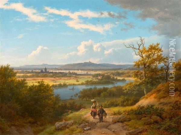 River Landscape With Two Walkers. Oil Painting - Barend Cornelis Koekkoek