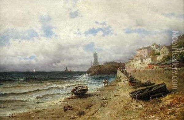 Viewof A Lighthouse With A Village Beyond Oil Painting - Edwin Harris
