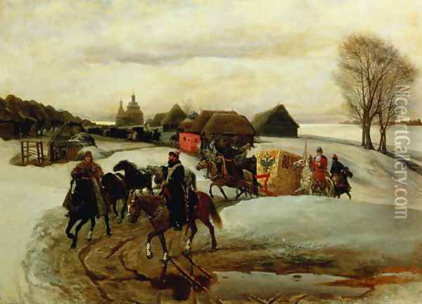 The Spring Pilgrimage of the Tsarina, under Tsar Aleksy Mihailovich, 1868 Oil Painting - Vyacheslav Grigorievich Shvarts