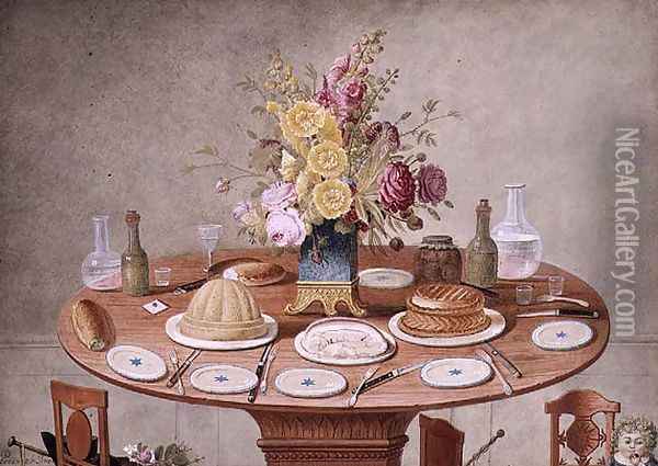 Still Life with a Vase of Flowers on a Table Set for a Meal, c.1810 Oil Painting - Jean-Louis Prevost