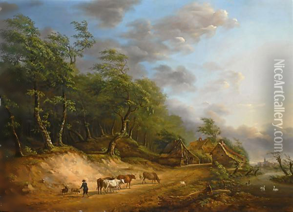 A Cowherd And His Cows On A Country Road Oil Painting - Pierre Jean Hellemans