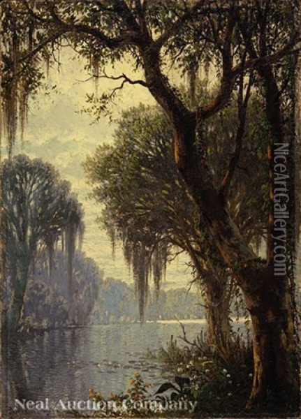 Bayou View With Trumpet Vine And Wildflowers Oil Painting - Joseph Rusling Meeker
