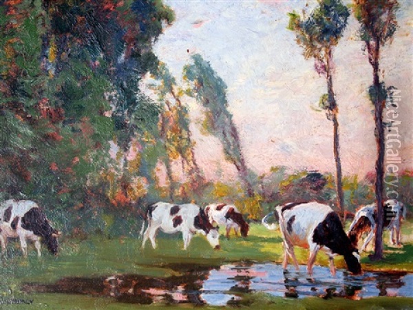 Grazing Cows At Dusk Oil Painting - Karl Langhammer