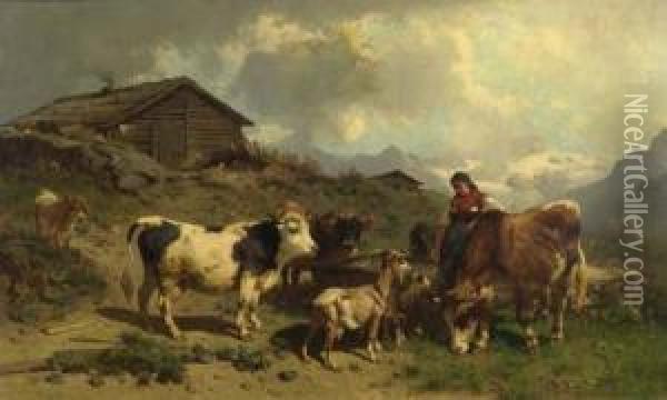Hirten Mit Kuhen Vor Alpenlandschaft. Oil Painting - Conrad Buhlmayer