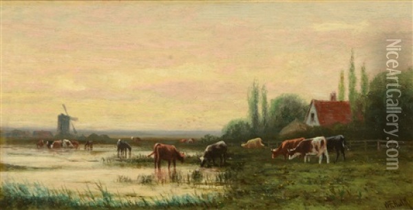 Cows Grazing Oil Painting - William Frederick Hulk