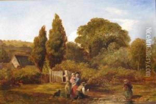 Children Playing At A Stream By A Garden Gate Oil Painting - William Frederick Witherington