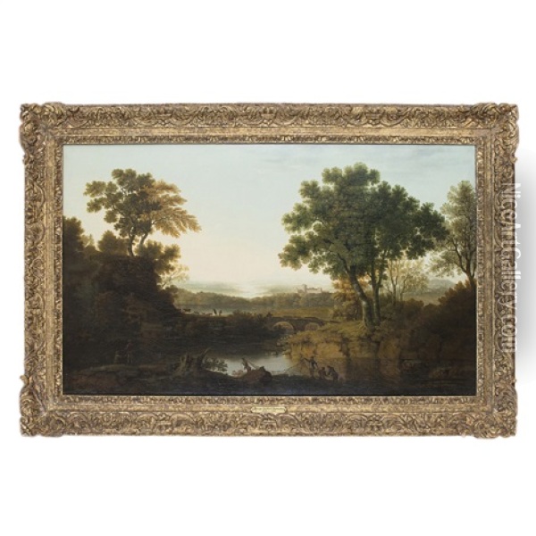 A Classical River Landscape With Fishermen And Nets Oil Painting - George Smith of Chichester