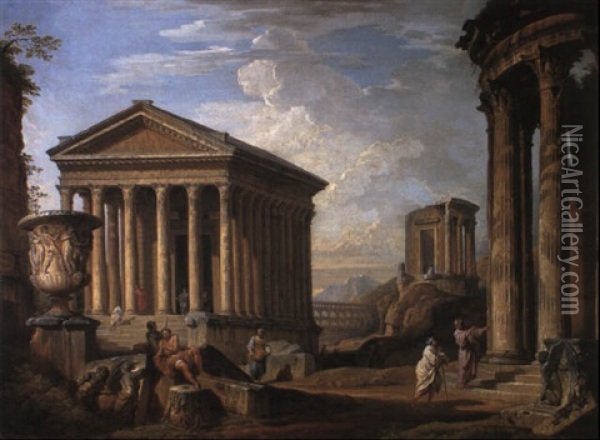Capriccio Of Classical Ruins With The Maison Carree At Nomes Oil Painting - Giovanni Paolo Panini