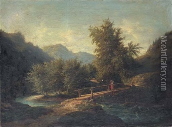 A Mountainous Wooded River Landscape With A Figure Crossing A Bridge Oil Painting - James Arthur O'Connor
