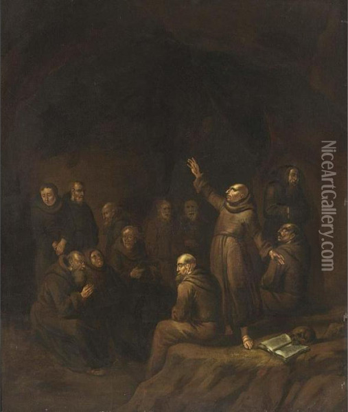 Monks Preaching And Praying In A Cave Oil Painting - Egbert Jaspersz. van, the Elder Heemskerck