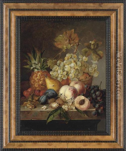 Grapes, Peaches, Cherries, Walnuts, Hazelnuts, A Pear And A Pineapple On A Ledge Oil Painting - Edward Ladell