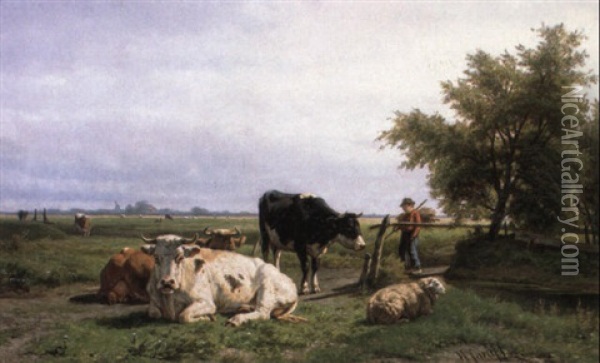 Cattle And Sheep In A Sunlit Dutch Landscape Oil Painting - Hendrik Savry