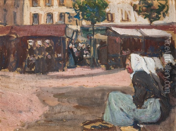Marktszene - Im Vordergrund Vier Sitzende Frauen Oil Painting - Fernand Piet