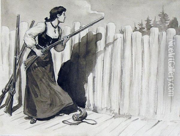 Woman Defending The Fort Oil Painting - Octave-Henri Julien