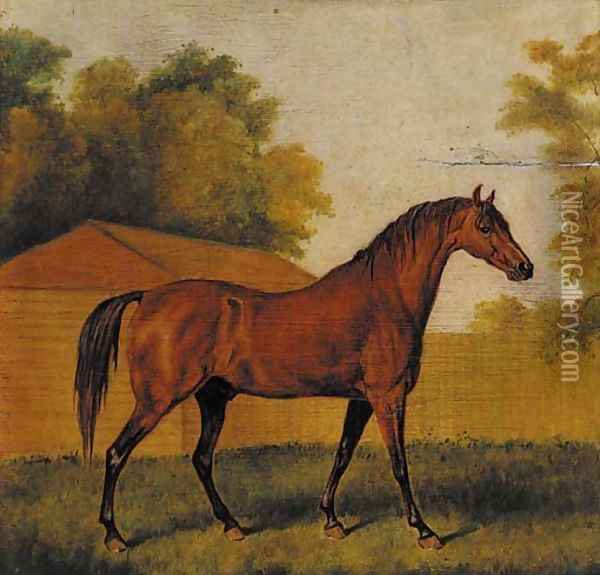 A bay racehorse in a landscape Oil Painting - James Ward