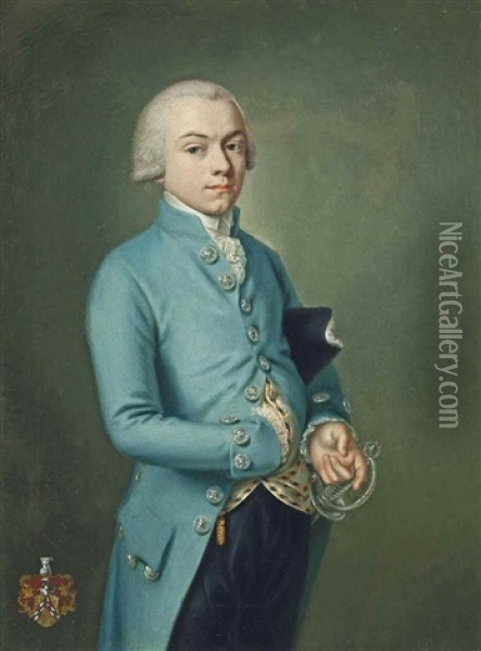 Portrait Of Engelbert Anton Cyriac Heereman Von Zuydtwyck (1769-1810), Small Three-quarter-length, In A Blue Coat, His Tricorn Under His Left Arm Oil Painting - Kaspar-Benedict Beckenkamp