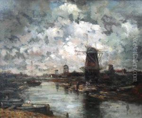 Figures In A Dutch River Landscape With Windmills Oil Painting - Jacob Henricus Maris