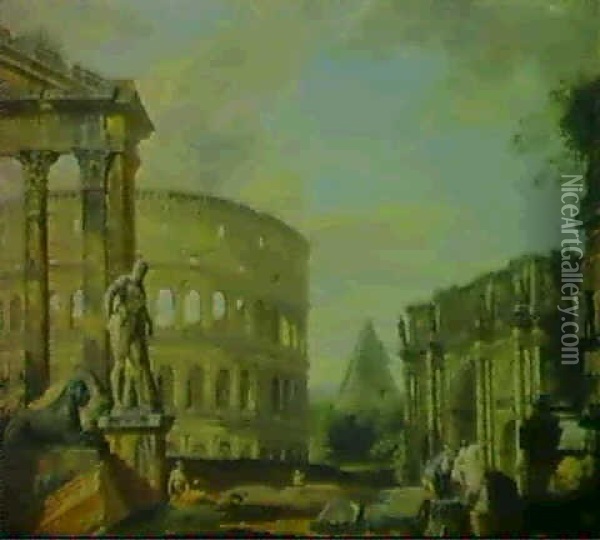 Ruines Antiques Avec Le Colisee... [&] Ruines      Antiques Avec Le Pantheon... Oil Painting - Giovanni Paolo Panini