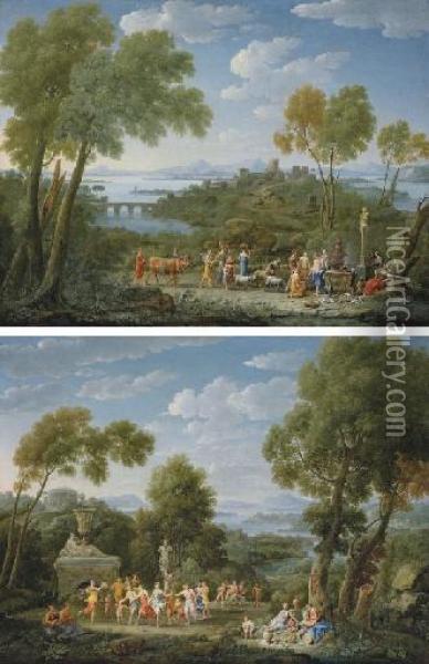 An Extensive Italianate 
Landscape With A Sacrifice Before A Term Of Pan; And An Extensive 
Italianate Landscape With A Bacchic Revel Oil Painting - Hendrik Frans Van Lint