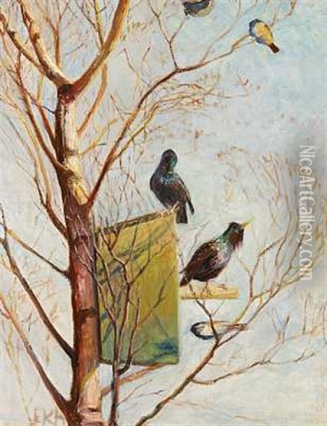 Fugleliv Omkring En Staerekasse Oil Painting - Elise Konstantin Hansen