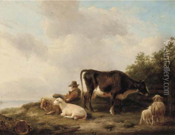 A Drover And His Flock On A Hillside Oil Painting - Eugene Joseph Verboeckhoven