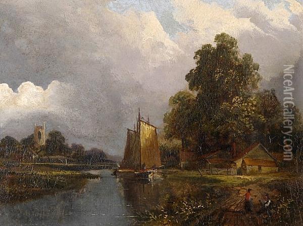 River Scene With Sailing Boat And Figures On The Bank Oil Painting - Joseph Paul