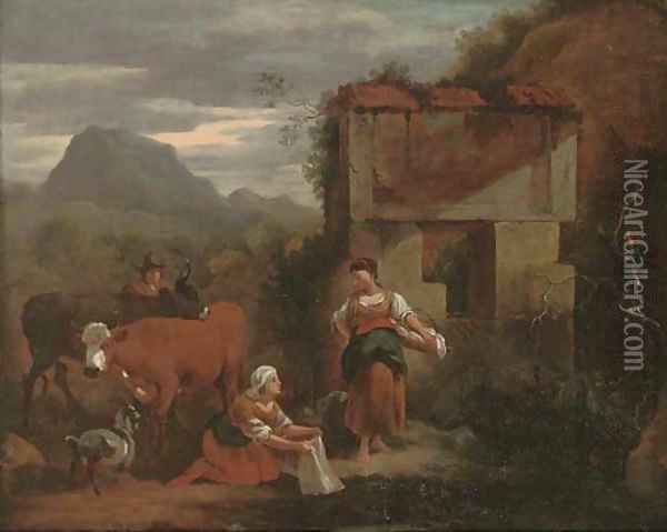 Peasants with cattle, a mountainous landscape beyond Oil Painting - Nicolaes Berchem