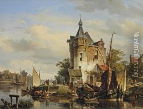 Moored Barges At A Quay Near A Keep Oil Painting - Cornelis Springer